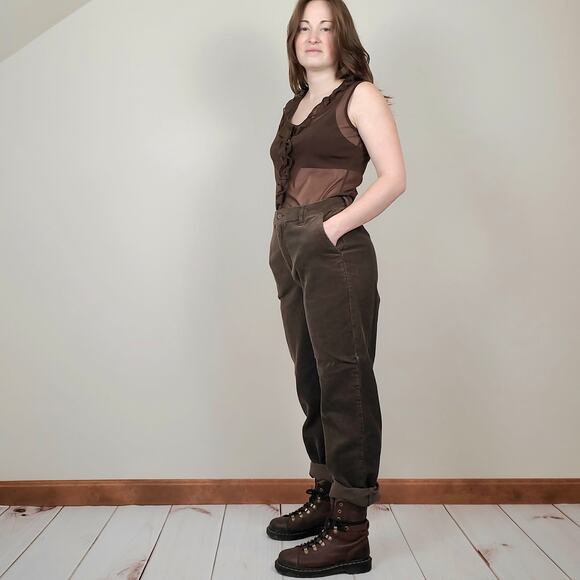 Vintage 90s Y2K Mesh Ruffle Tank Chocolate Brown Medium - Picture 2 of 10